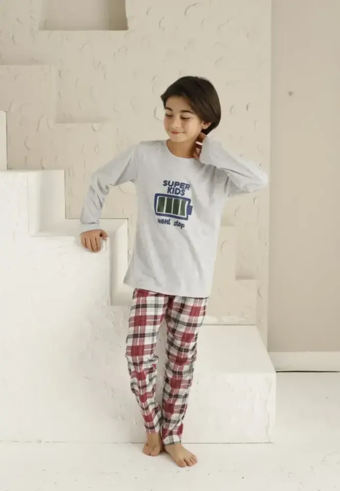 Pijama băieți, gri, mânecă lungă și pantaloni lungi, model Super Kids