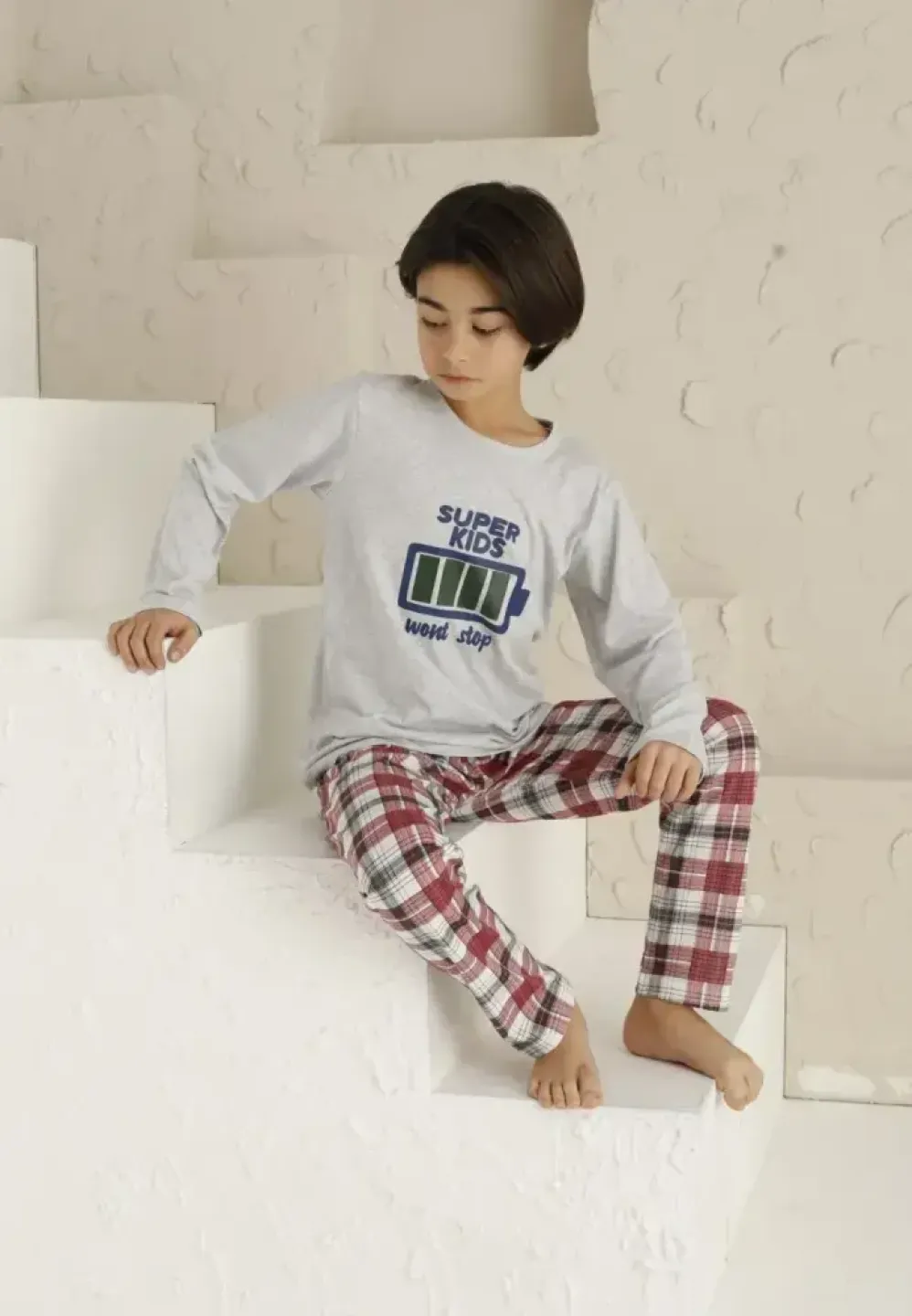 Pijama băieți, gri, mânecă lungă și pantaloni lungi, model Super Kids - 3