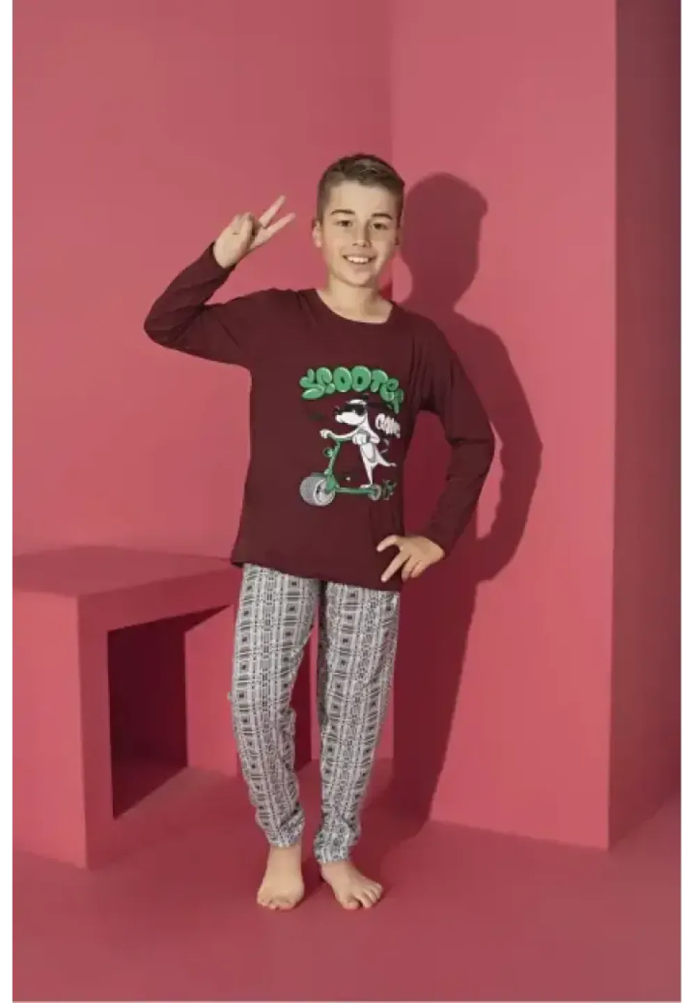 Pijama băieți, bordo, mânecă lungă și pantaloni lungi, model Scooter - 1