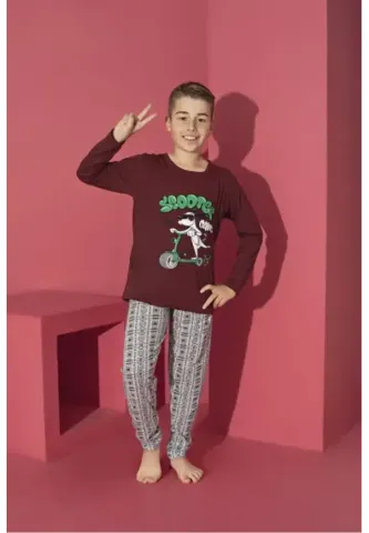 Pijama băieți, bordo, mânecă lungă și pantaloni lungi, model Scooter