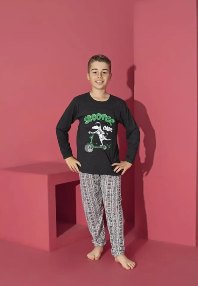 Pijama băieți, negru, mânecă lungă și pantaloni lungi, model Scooter