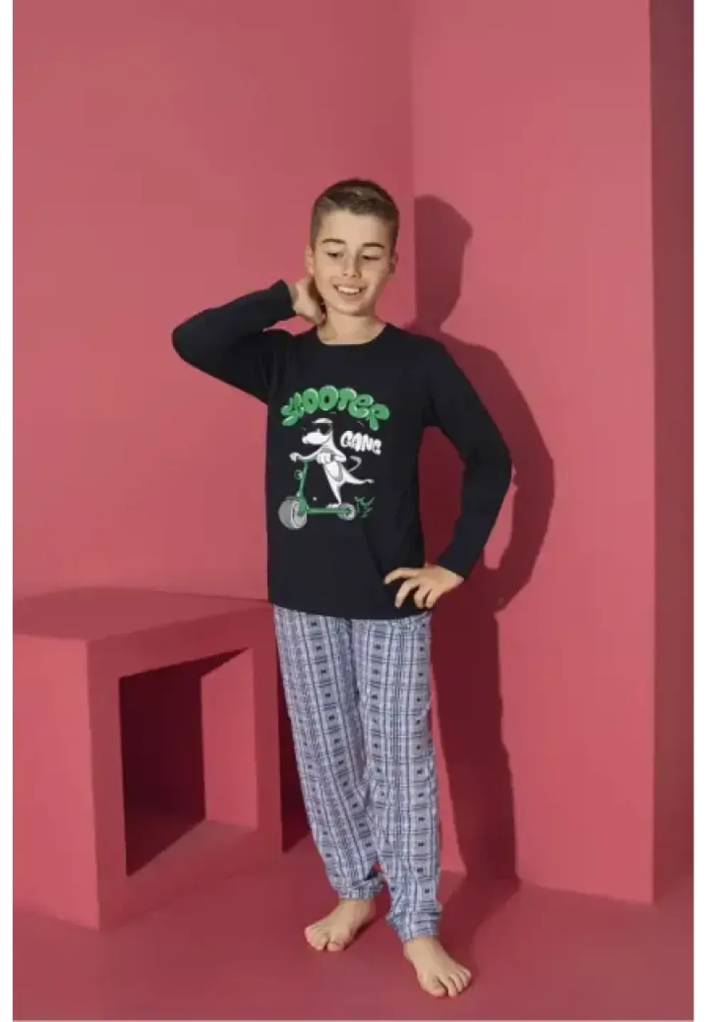 Pijama băieți, bleumarin, mânecă lungă și pantaloni lungi, model Scooter - 1