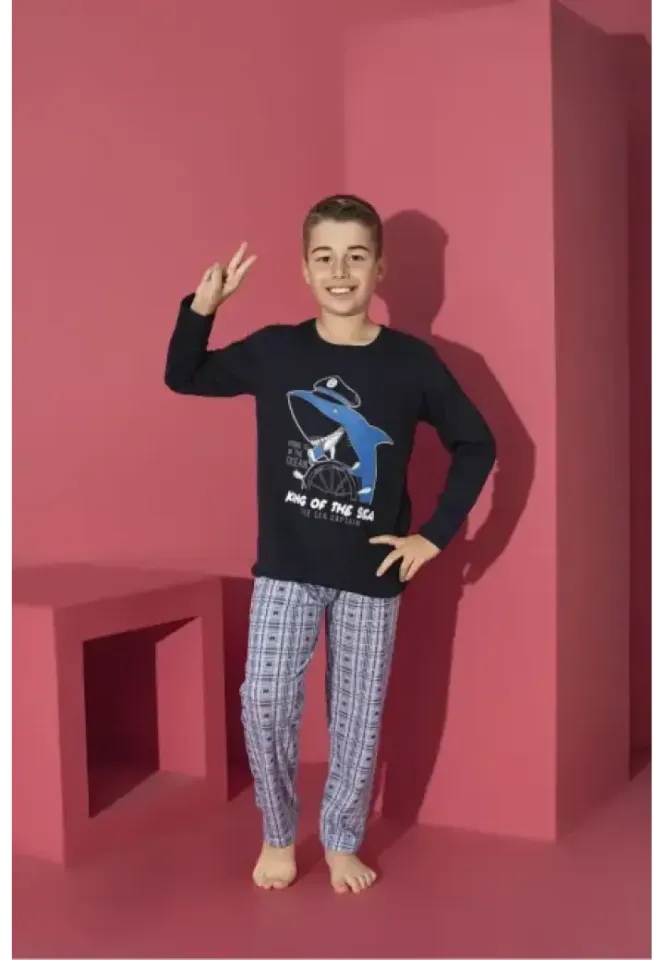 Pijama băieți, bleumarin, mânecă lungă și pantaloni lungi, model King Of The Sea