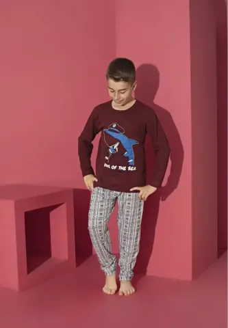 Pijama băieți, bordo, mânecă lungă și pantaloni lungi, model King Of The Sea