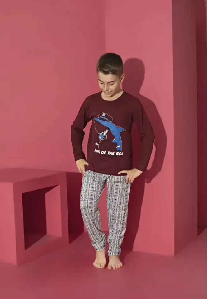 Pijama băieți, bordo, mânecă lungă și pantaloni lungi, model King Of The Sea