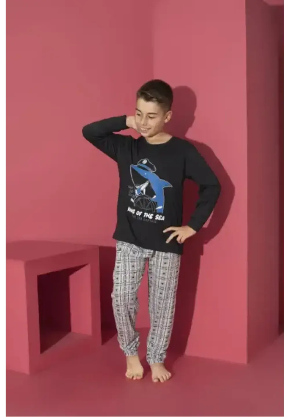 Pijama băieți, negru, mânecă lungă și pantaloni lungi, model King Of The Sea - 1