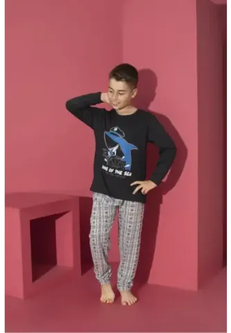 Pijama băieți, negru, mânecă lungă și pantaloni lungi, model King Of The Sea