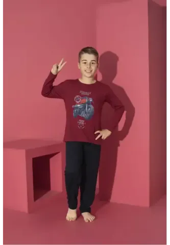 Pijama băieți, bordo, mânecă lungă și pantaloni lungi, model Motoretă