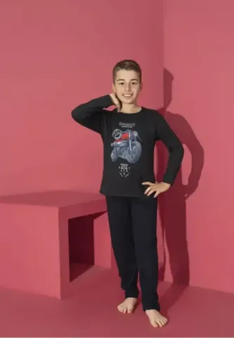 Pijama băieți, negru, mânecă lungă și pantaloni lungi, model Motoretă