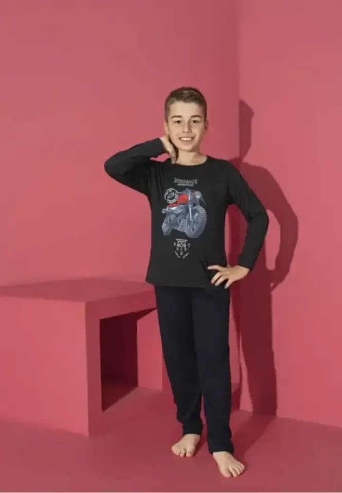 Pijama băieți, negru, mânecă lungă și pantaloni lungi, model Motoretă