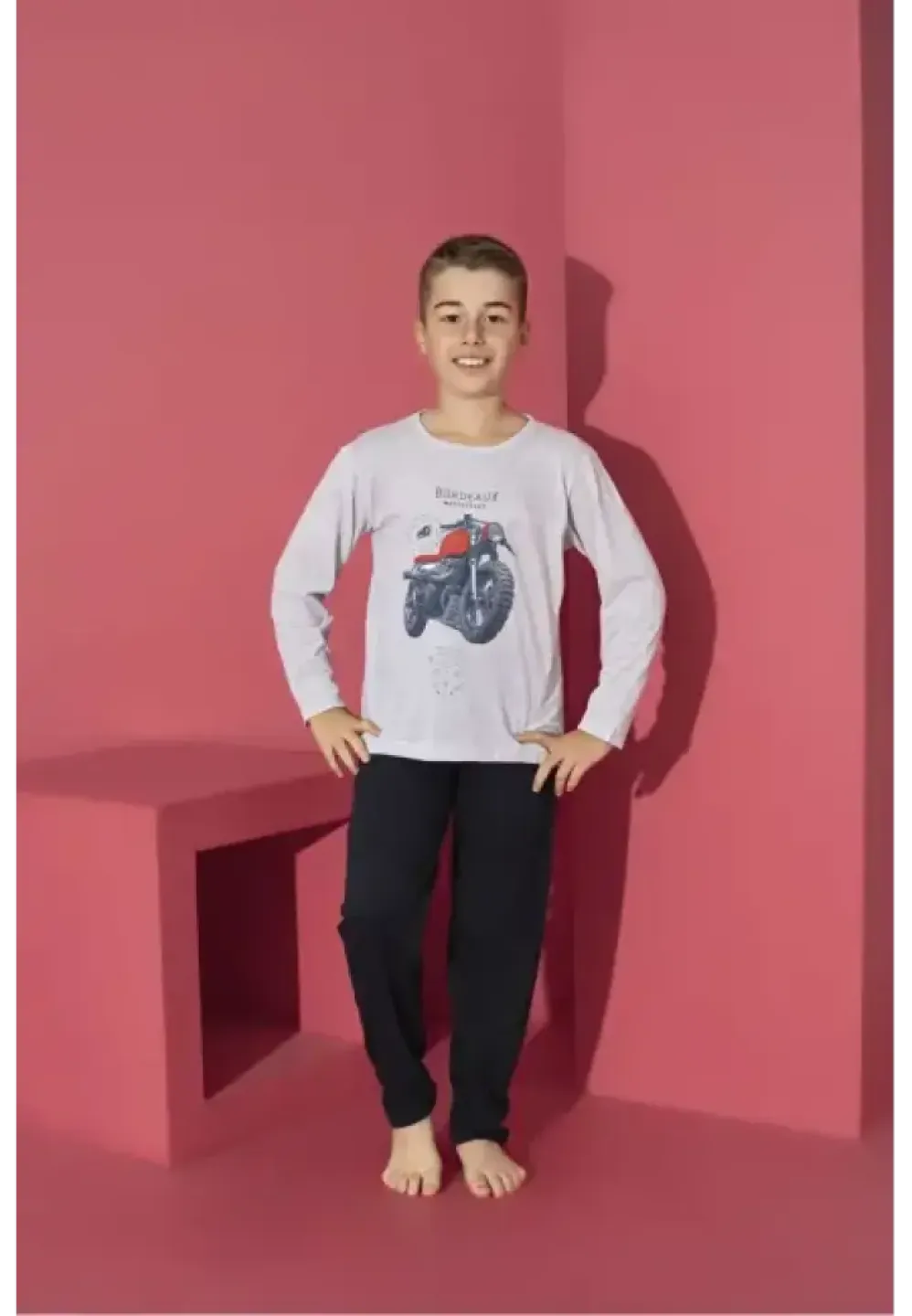 Pijama băieți, gri, mânecă lungă și pantaloni lungi, model Motoretă - 1