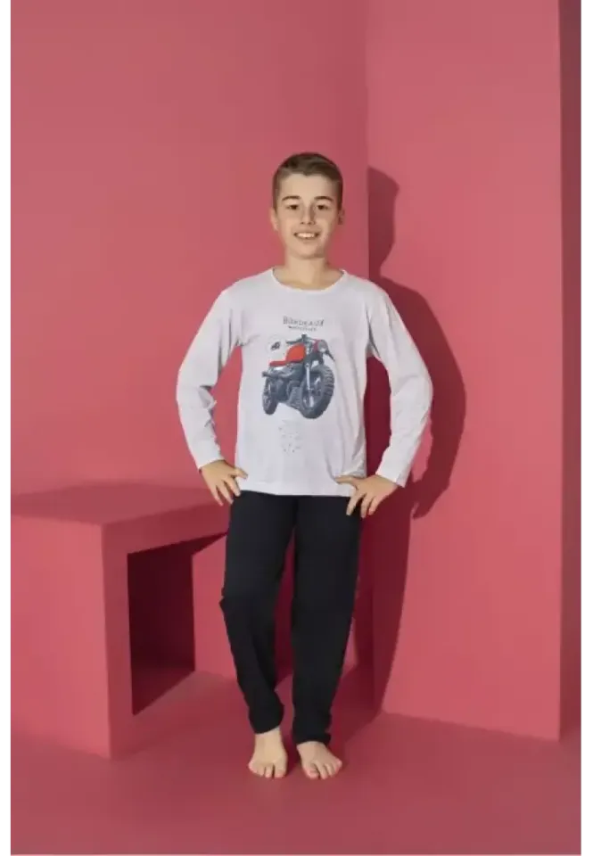 Pijama băieți, gri, mânecă lungă și pantaloni lungi, model Motoretă