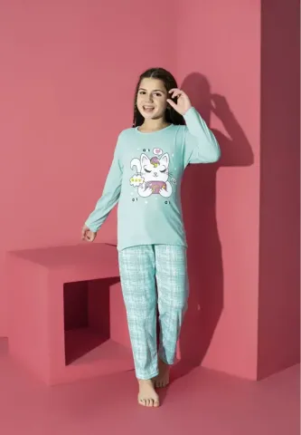 Pijama Fete, Mânecă Lungă și Pantaloni Lungi, Pisicuța, Blue