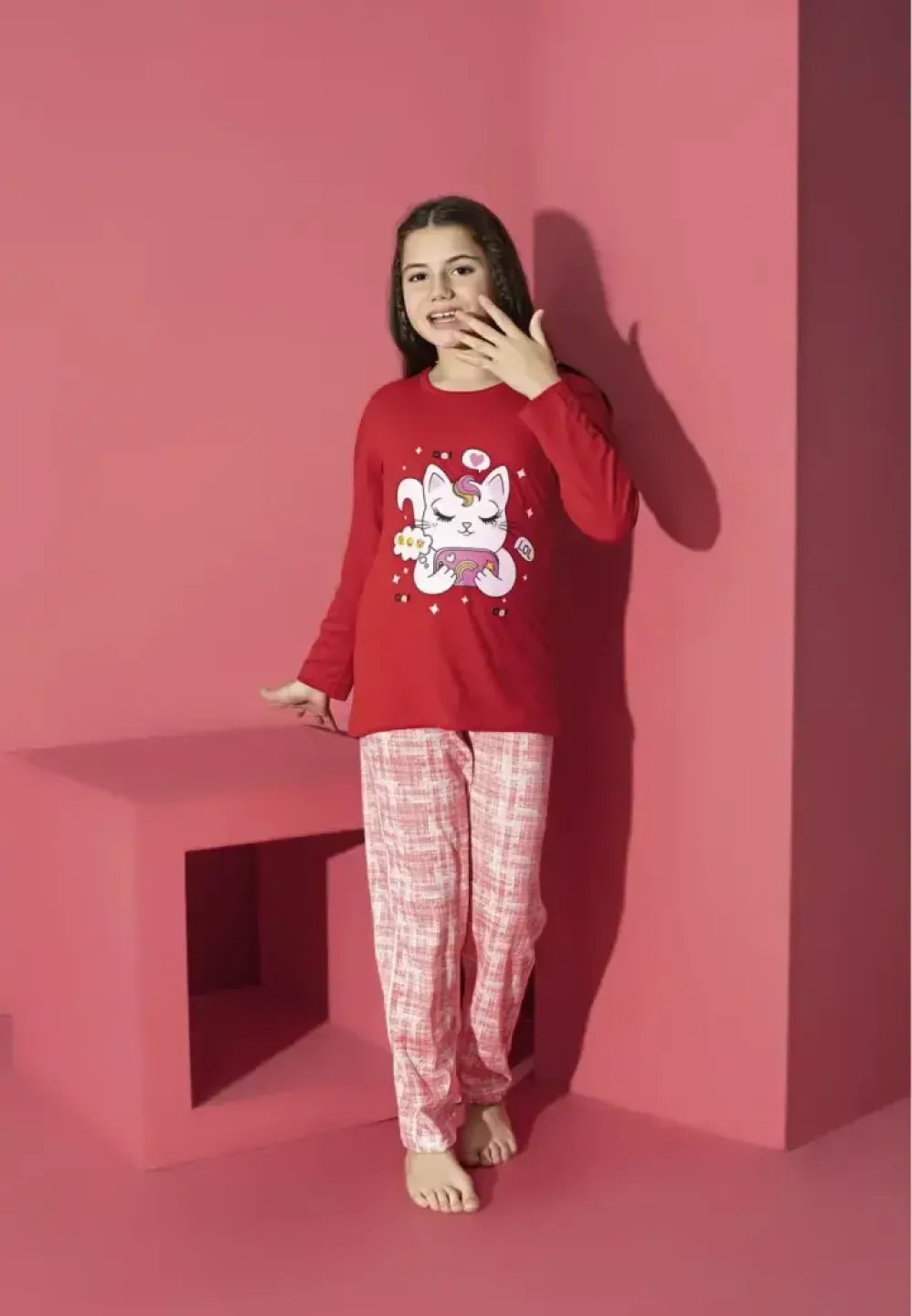 Pijama Fete, Mânecă Lungă, Pantaloni Lungi, Pisicuța, Roșu - 1