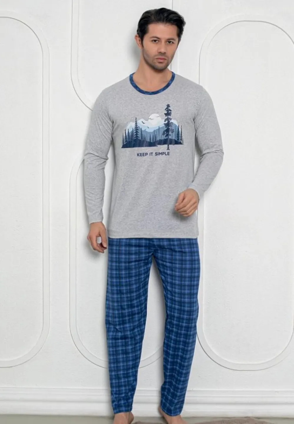 Pijama barbat gri cu imprimeu Keep It Smile, mâneci lungi și pantaloni lungi - 1