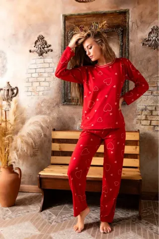 Pijama damă roșie din bumbac, mânecă lungă și pantaloni lungi cu inimioare
