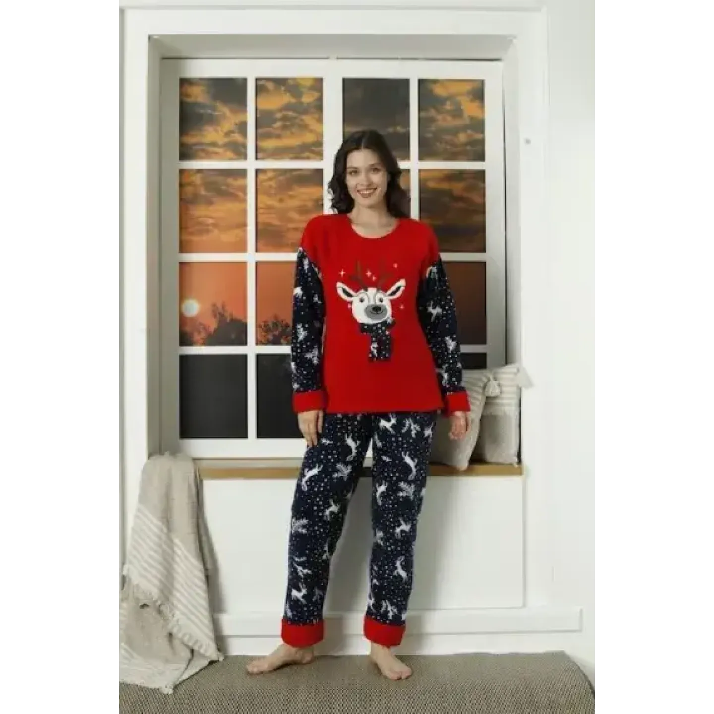 Pijama damă cocolino călduroasă, roșie, cu imprimeu drăguț ren de Crăciun - 1