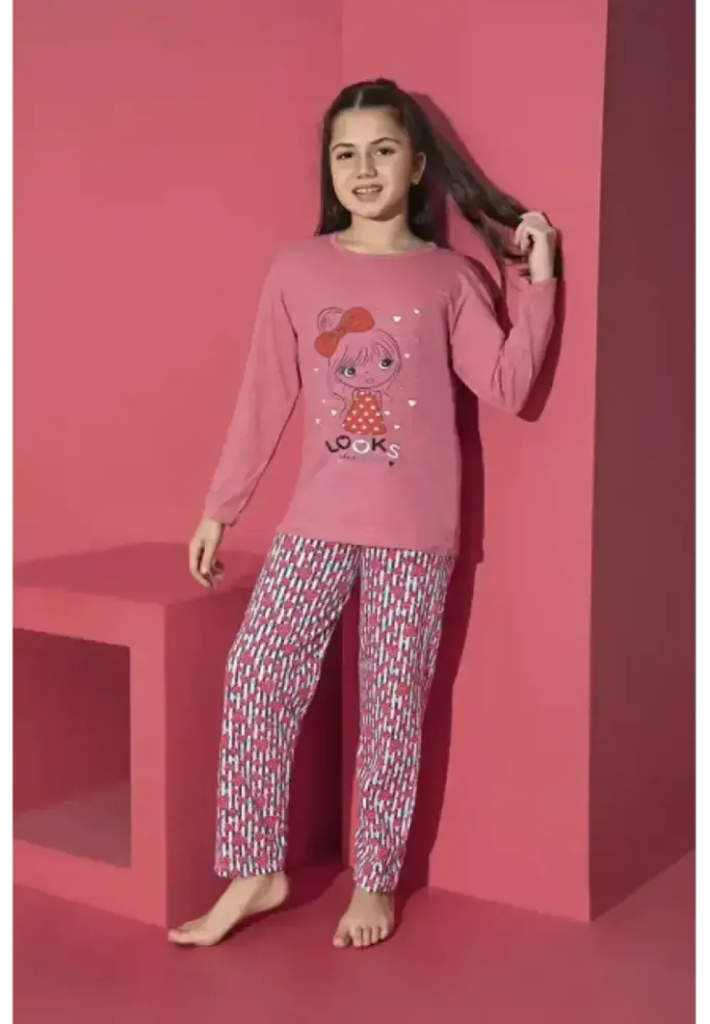 Pijama fete roz închis cu mânecă lungă și pantaloni lungi – imprimeu Looks - 1