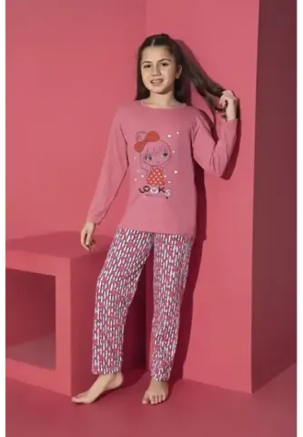 Pijama Fete, Mânecă Lungă, Pantaloni Lungi, Imprimeu Looks,Culoare Roz Inchis