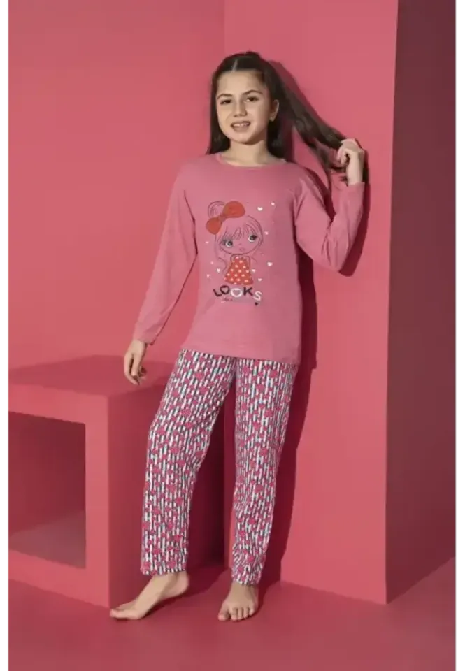 Pijama fete roz închis cu mânecă lungă și pantaloni lungi – imprimeu Looks