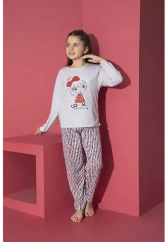 Pijama fete gri cu mânecă lungă și pantaloni lungi – imprimeu Looks