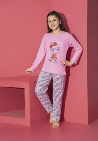 Pijama fete roz cu mânecă lungă și pantaloni lungi – imprimeu Looks