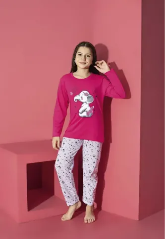 Pijama fete fucsia cu mânecă lungă și pantaloni lungi – imprimeu elefant