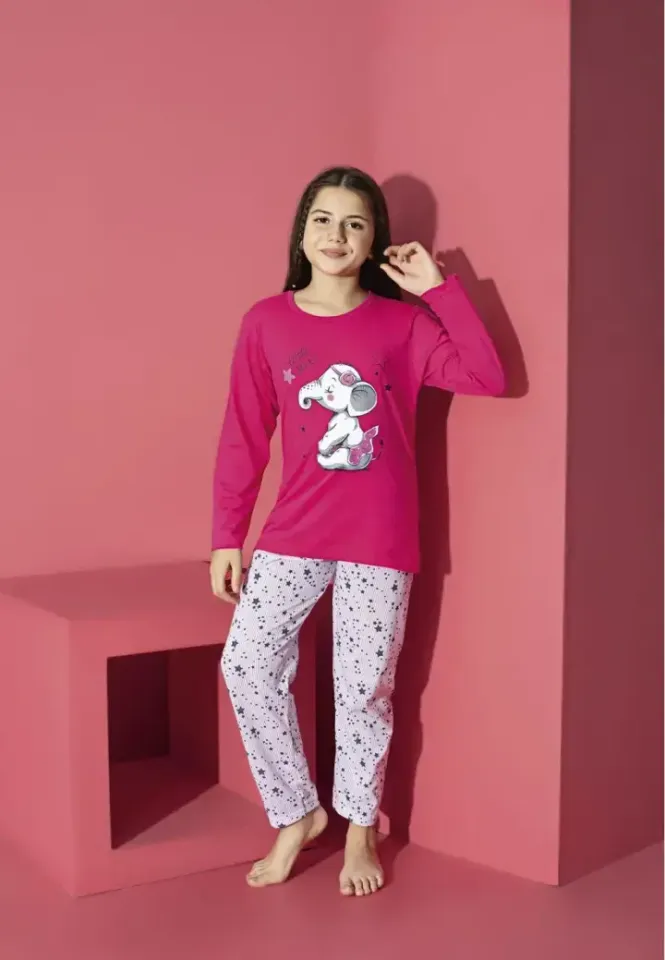 Pijama fete fucsia cu mânecă lungă și pantaloni lungi – imprimeu elefant