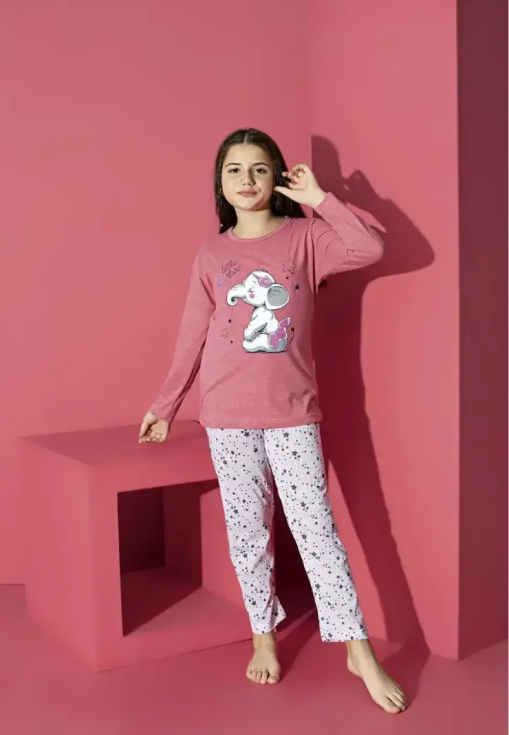 Pijama fete roz deschis cu mânecă lungă și pantaloni lungi – imprimeu elefant - 1