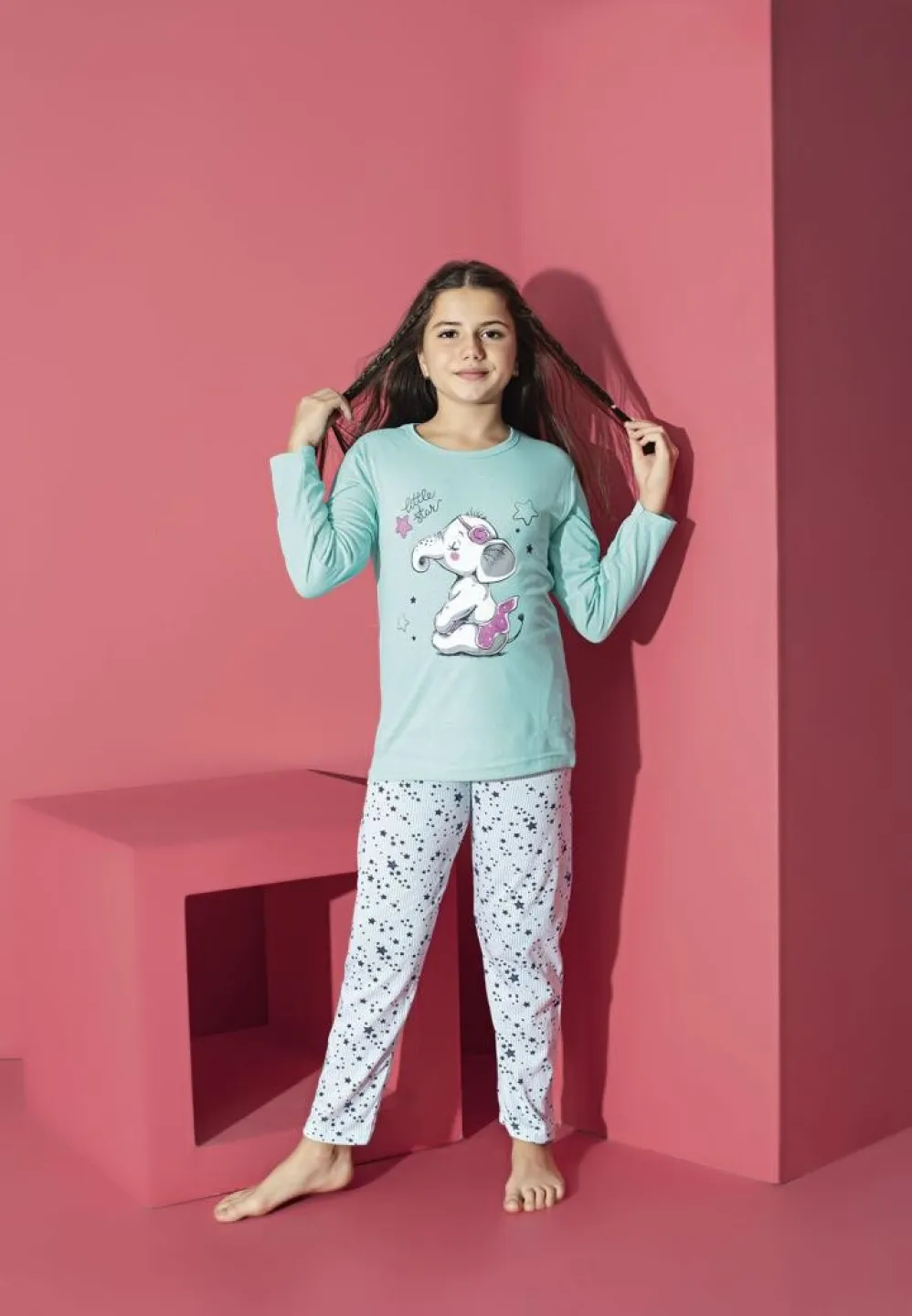 Pijama fete blue cu mânecă lungă și pantaloni lungi – imprimeu elefant - 1