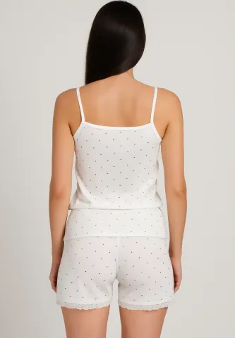 Pijama damă cu maiou cu bretele subțiri și dantelă delicată, short lejer cu imprimeu cu buline hover