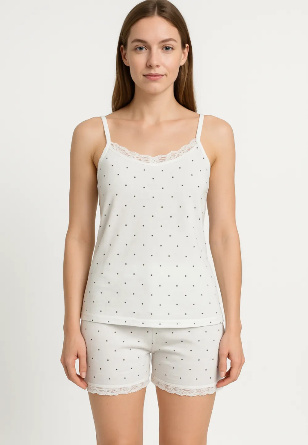 Pijama damă cu maiou cu bretele subțiri și dantelă + short lejer cu buline - 1