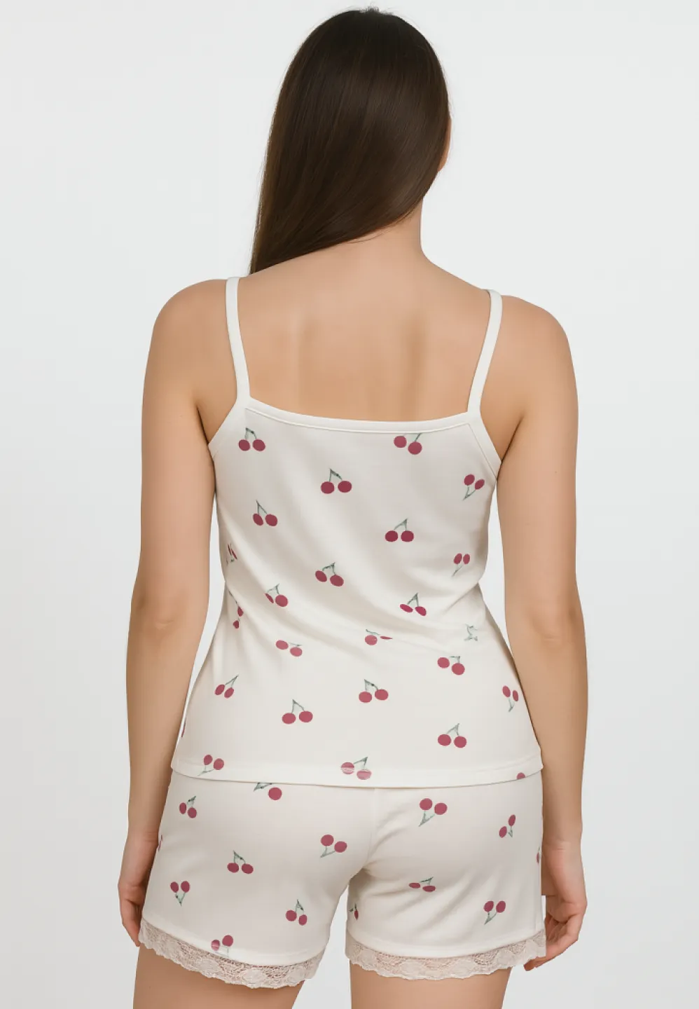 Pijama damă cu maiou delicat și dantelă + short lejer cu cireșe - 2