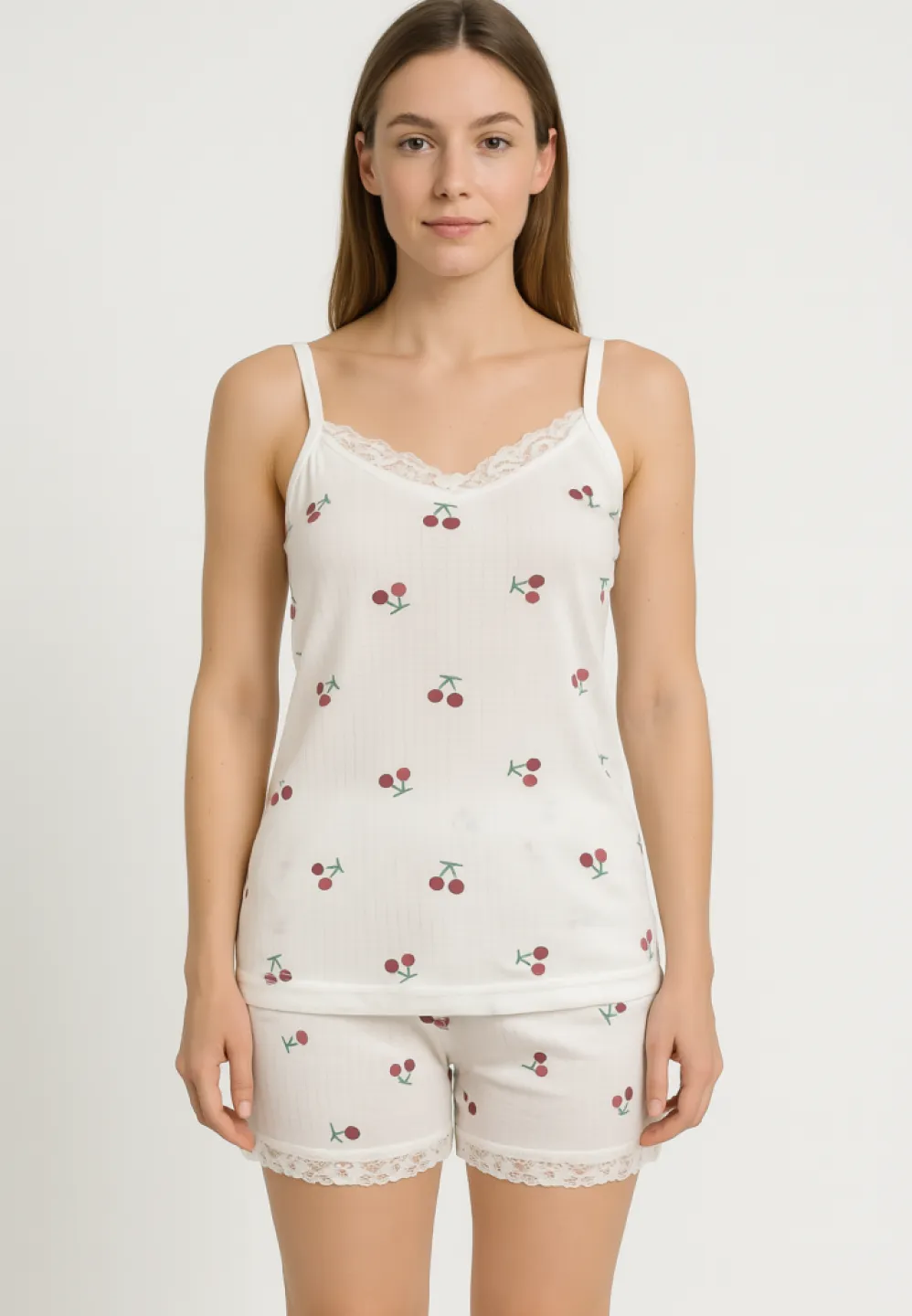 Pijama damă cu maiou delicat și dantelă + short lejer cu cireșe - 1