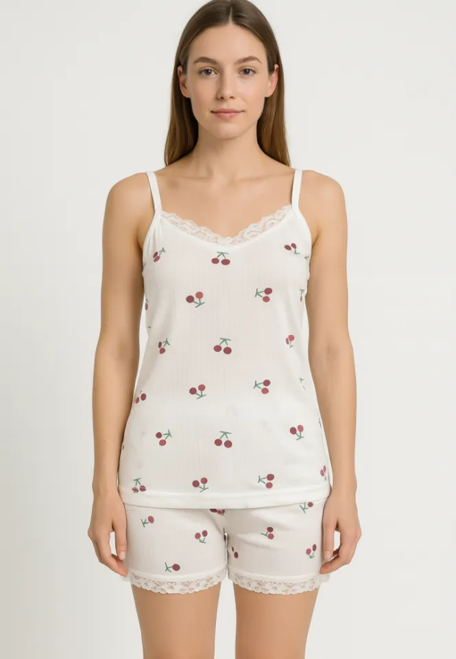 Pijama damă cu maiou delicat și dantelă + short lejer cu cireșe