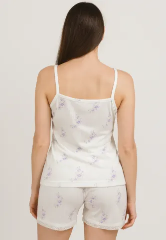 Pijama damă cu maiou delicat și dantelă + short lejer cu flori mov hover