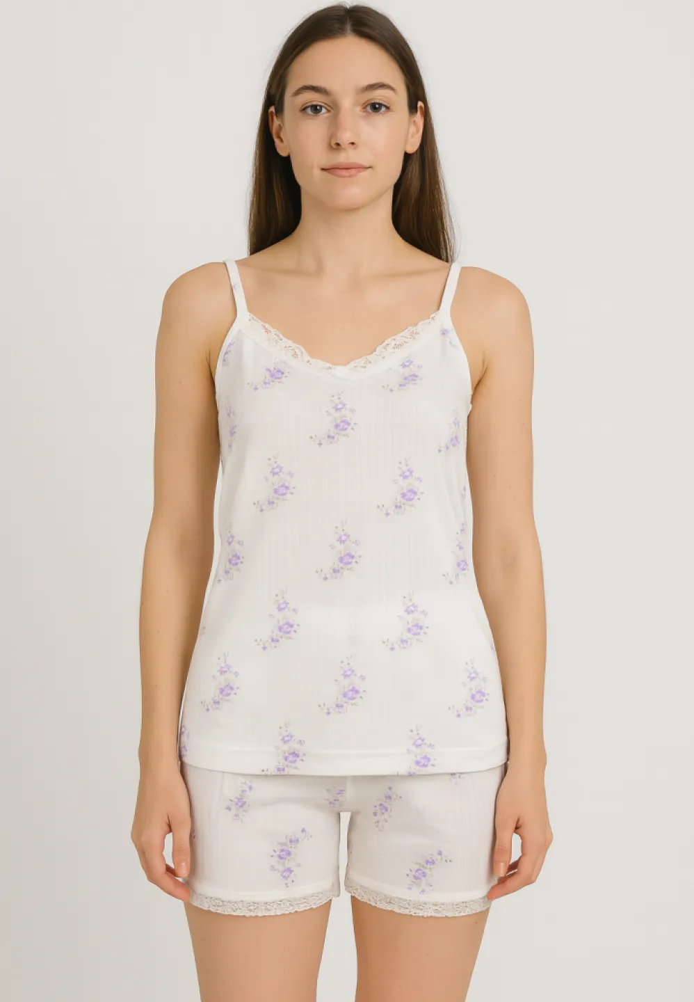 Pijama damă cu maiou delicat și dantelă + short lejer cu flori mov - 1