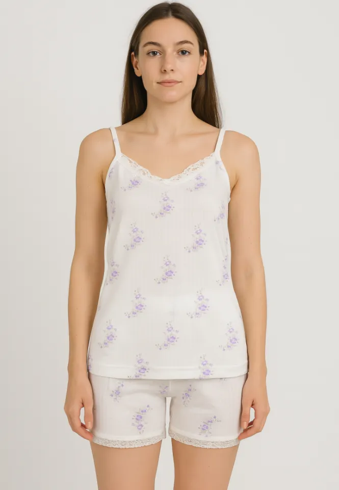 Pijama damă cu maiou delicat și dantelă + short lejer cu flori mov