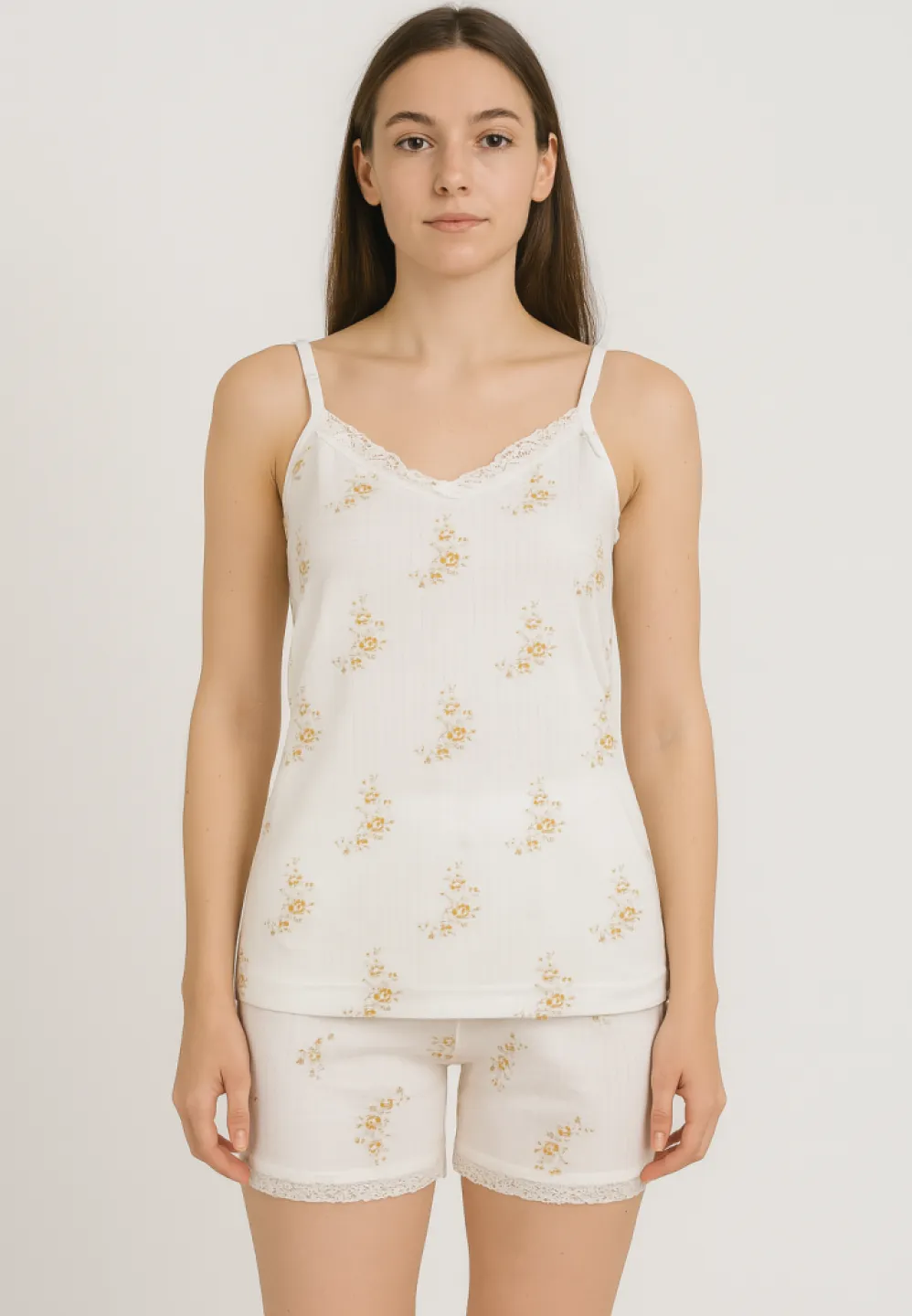 Pijama damă cu maiou delicat și dantelă + short lejer cu flori galbene - 1