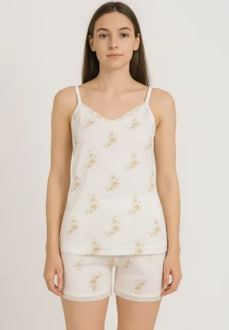 Pijama damă cu maiou delicat și dantelă + short lejer cu flori galbene