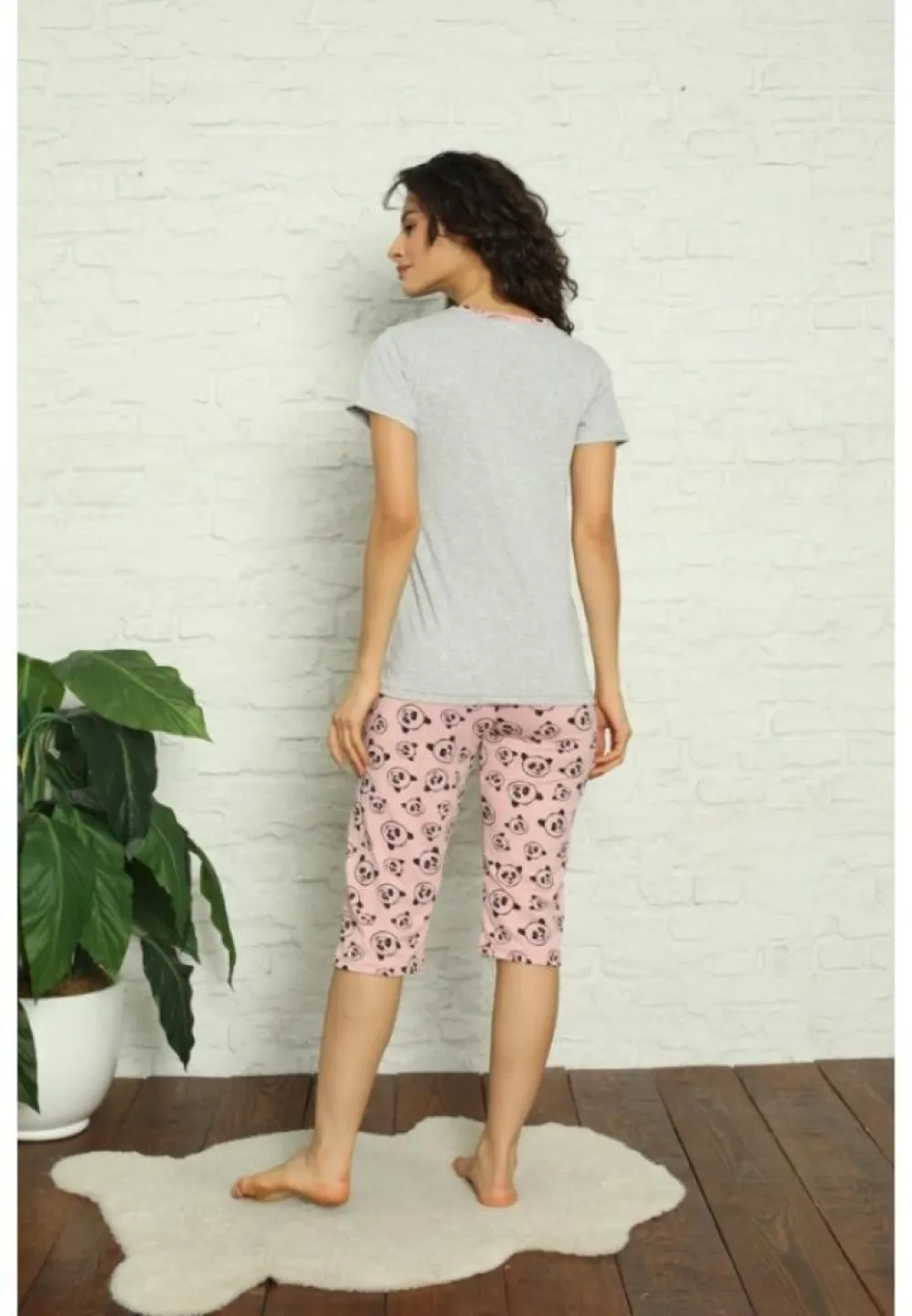 Pijama damă bumbac cu tricou și pantalon 3/4 – imprimeu ursuleți, gri - 2