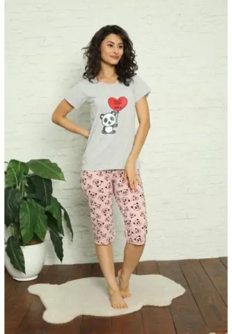 Pijama damă bumbac cu tricou și pantalon 3/4 – imprimeu ursuleți, gri