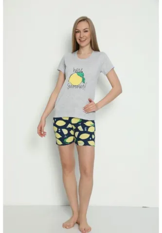 Pijama damă mânecă scurtă + pantalon scurt – imprimeu Hey Summer, gri