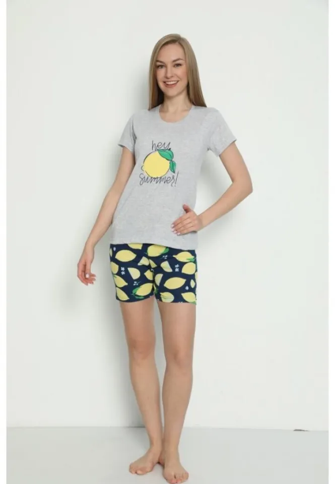 Pijama damă mânecă scurtă + pantalon scurt – imprimeu Hey Summer, gri
