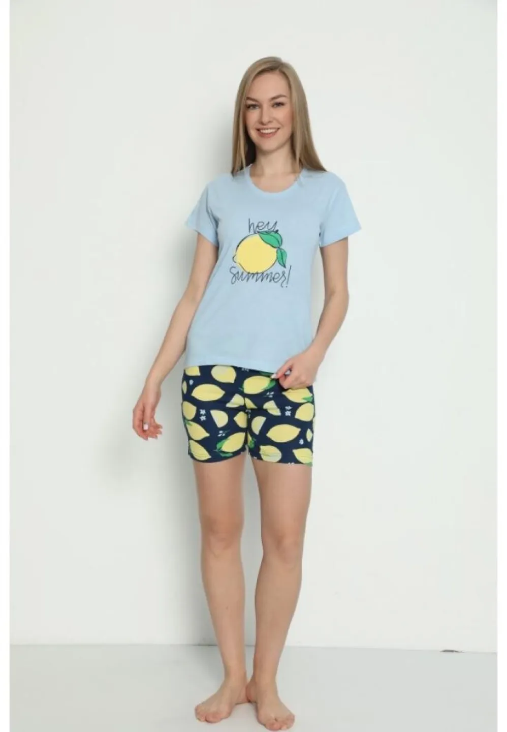 Pijama damă mânecă scurtă + pantalon scurt – imprimeu Hey Summer, albastru - 1