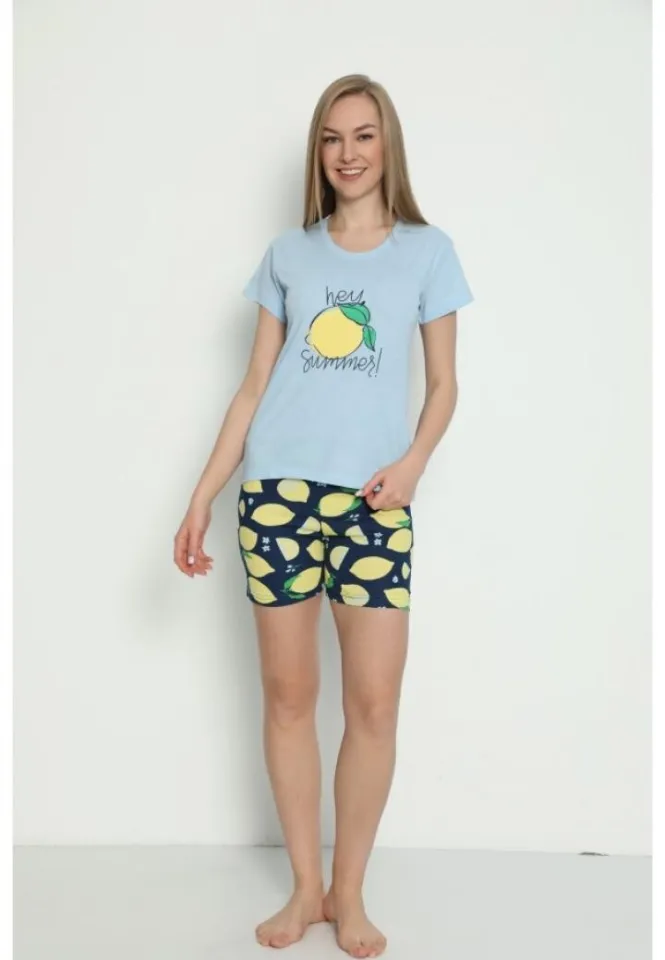 Pijama damă mânecă scurtă + pantalon scurt – imprimeu Hey Summer, albastru