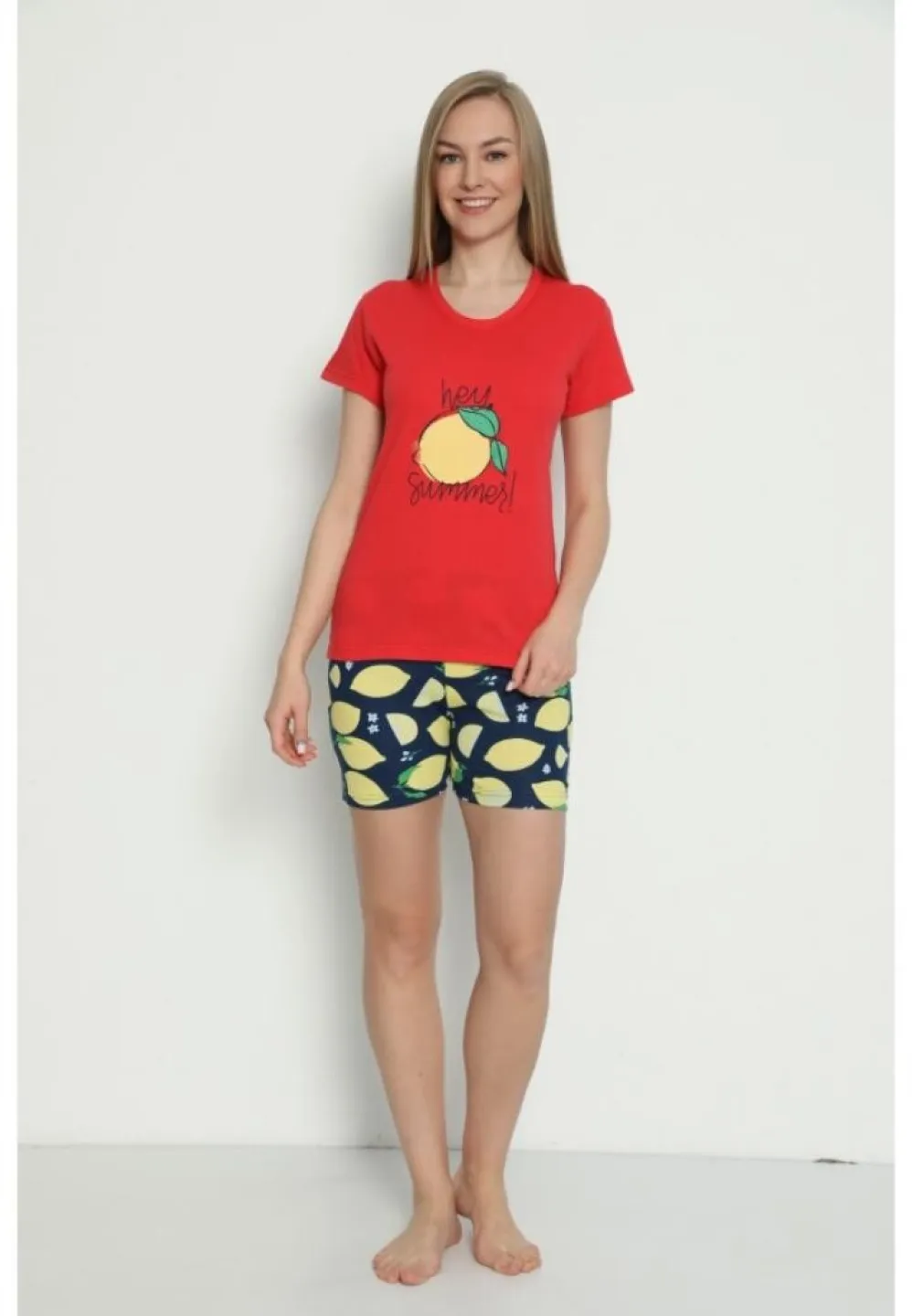 Pijama damă mânecă scurtă + pantalon scurt – imprimeu Hey Summer, roșu - 1