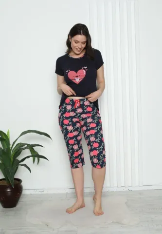 Pijama damă bumbac cu mâneci și pantaloni 3/4 – imprimeu inimoare, bleumarin hover