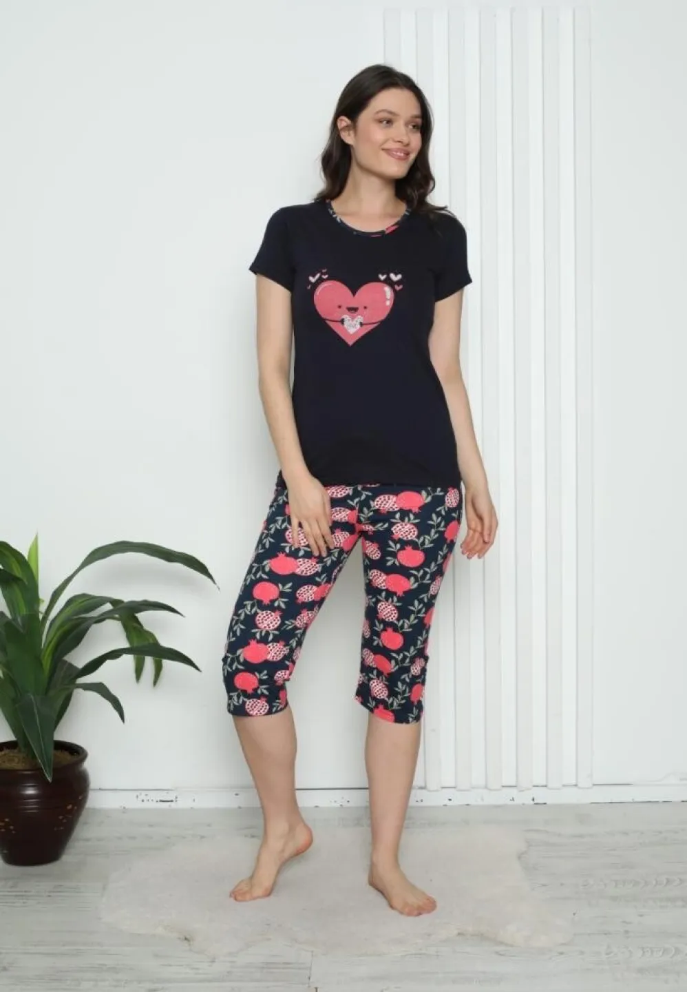 Pijama damă bumbac cu mâneci și pantaloni 3/4 – imprimeu inimoare, bleumarin - 4