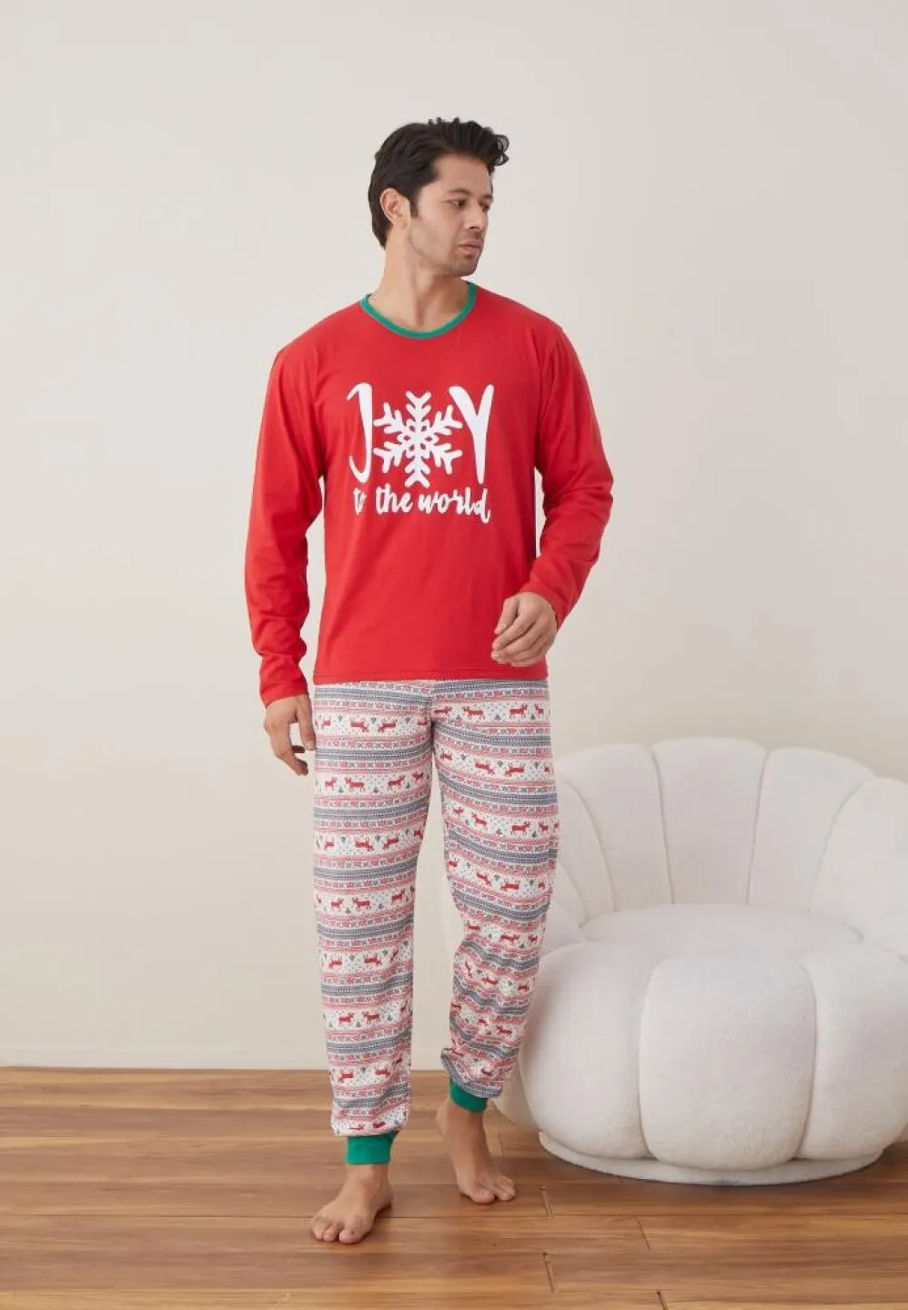 Pijama Craciun Barbat maneca lunga pantaloni lungi rosu Joy - 1